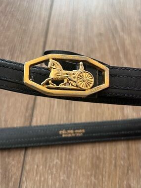 Celine Black Leather Belt with Gold Horse & Carriage Buckle